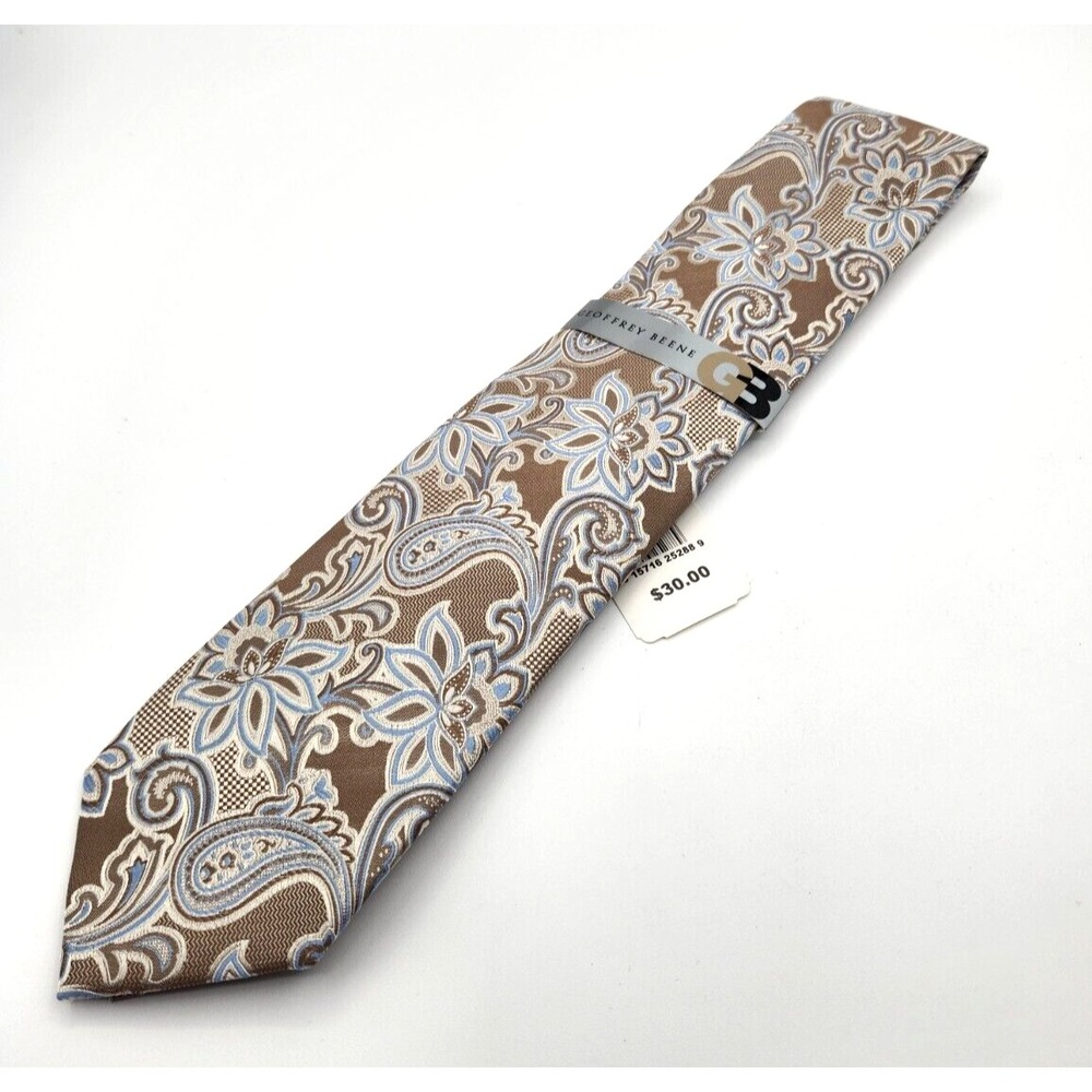 GEOFFREY BEENE Paisley Tie Necktie Tan Blue White 100% Silk 3" Wide New with Tag
